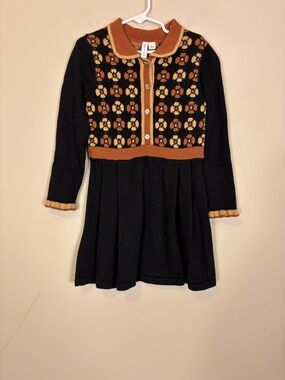 Janie and Jack Black Collared Long Sleeve Dress with Rust and Cream Floral Yoke